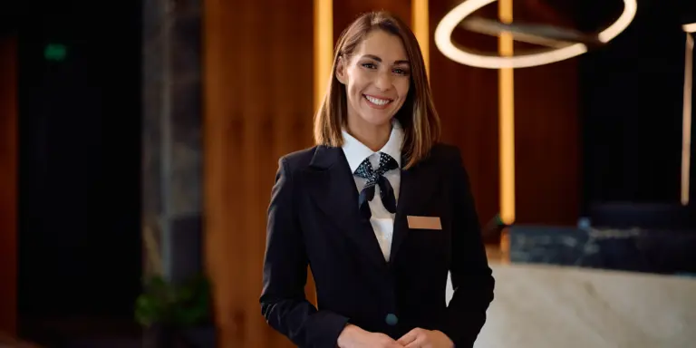 Eine lächelnde Frau in Hoteluniform steht an einer Rezeption. Eleganter Hintergrund mit Holz und moderner Beleuchtung.