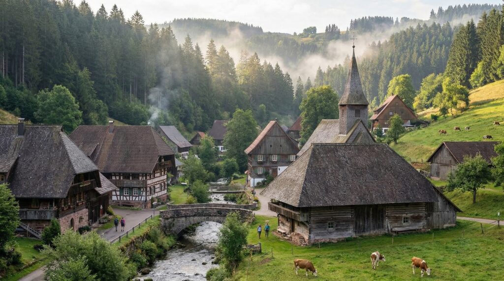 Idyllisches Dorf mit Fachwerkhäusern, Kirche, Bach und Steinbrücke, Kühe weiden vor nebelverhüllten Nadelwäldern.